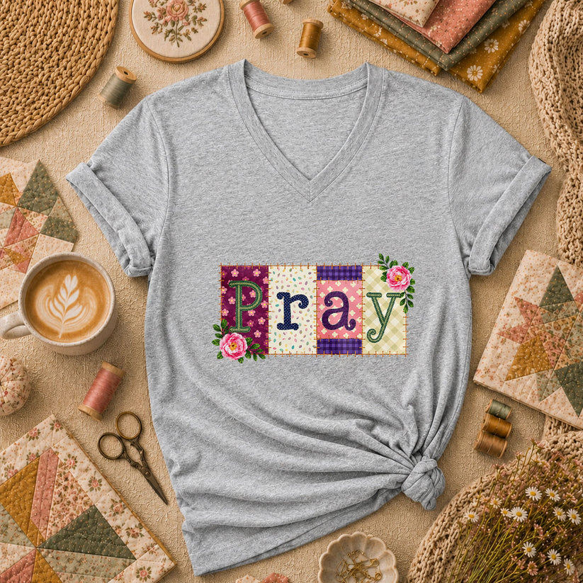 Pray Floral Patchwork Typography Christian Faith Women's V-Neck - Athletic Heather