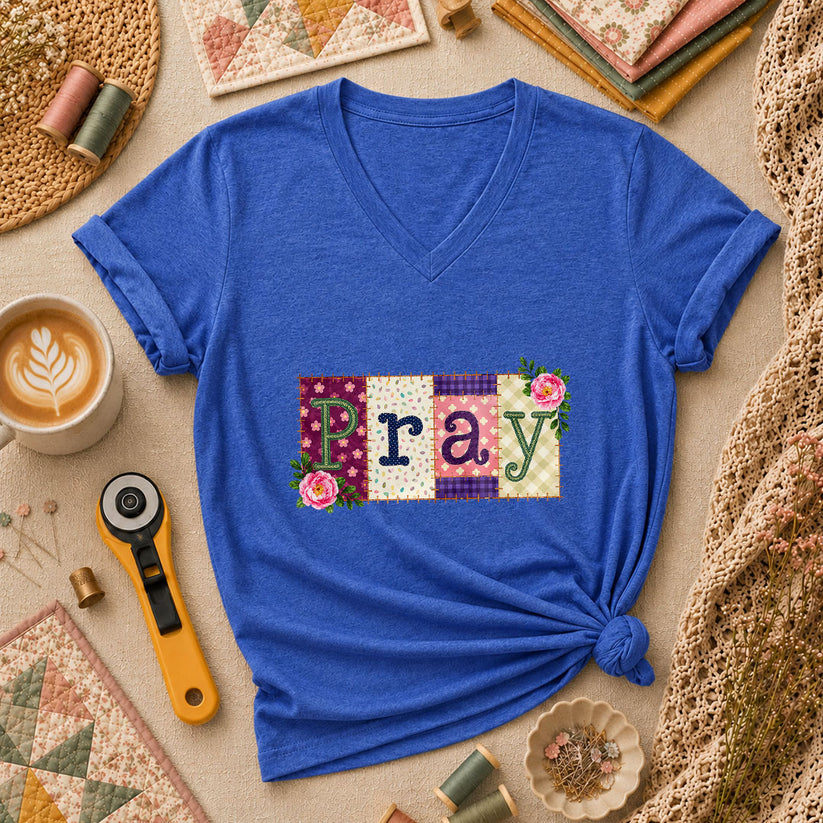 Pray Floral Patchwork Typography Christian Faith Women's V-Neck - Heather True Royal