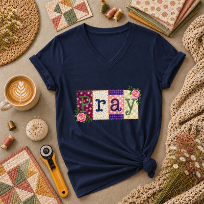 Pray Floral Patchwork Typography Christian Faith Women's V-Neck - Navy