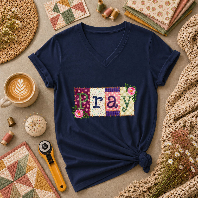 Pray Floral Patchwork Typography Christian Faith Women's V-Neck - Navy