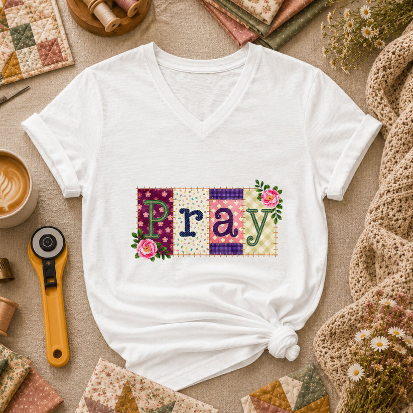 Pray Floral Patchwork Typography Christian Faith Women's V-Neck - White