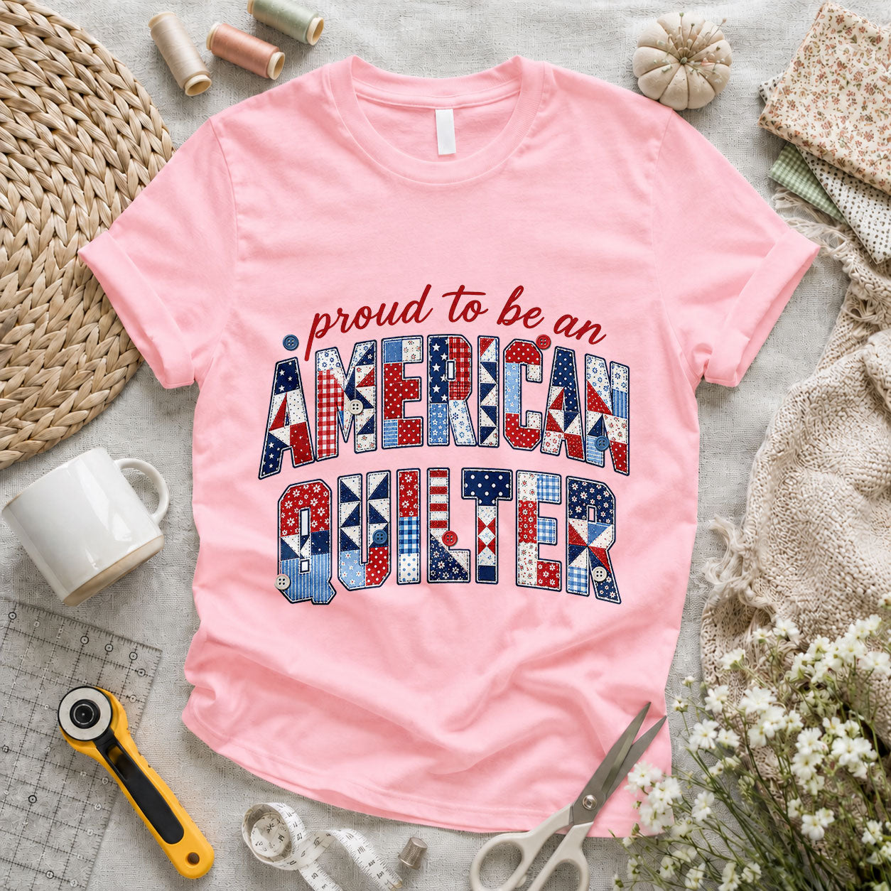 Proud to be an American Quilter Patchwork - Pink flatlay