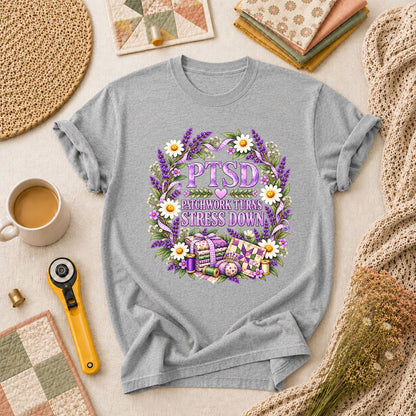 PTSD Patchwork Turns Stress Down T-Shirt - Athletic Heather