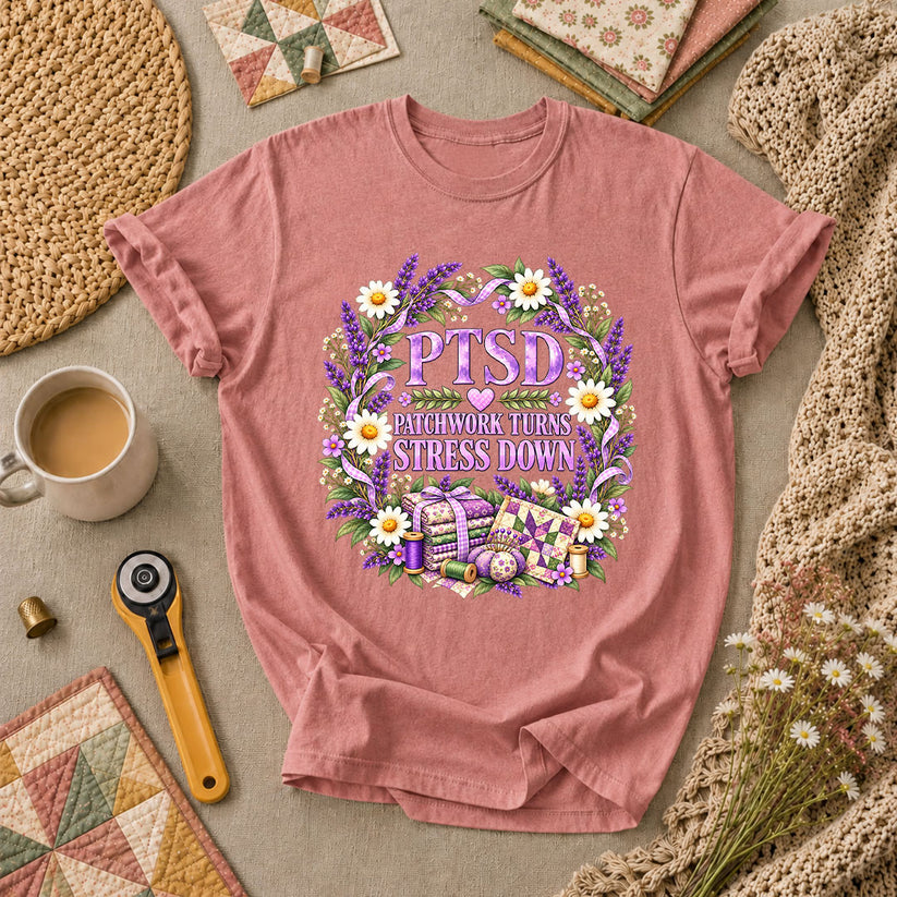 PTSD Patchwork Turns Stress Down T-Shirt - Heather Mauve