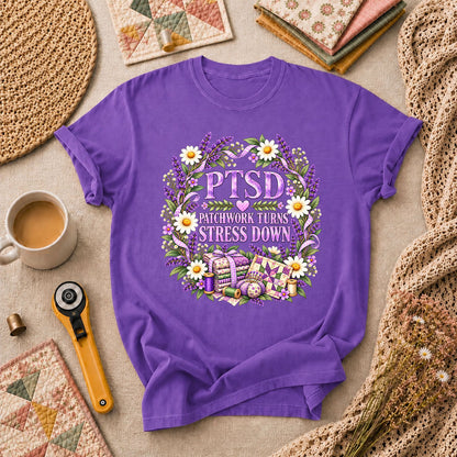 PTSD Patchwork Turns Stress Down T-Shirt - Heather Team Purple