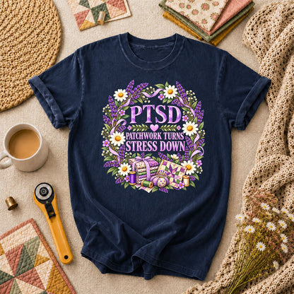 PTSD Patchwork Turns Stress Down T-Shirt - Navy