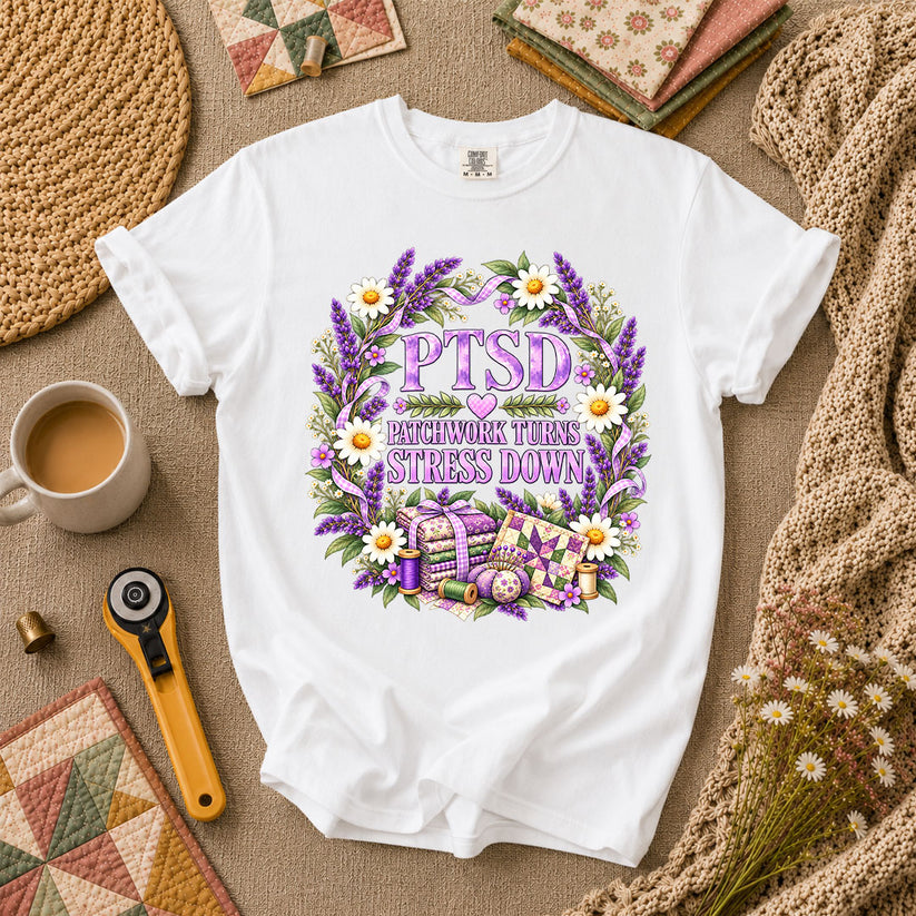 PTSD Patchwork Turns Stress Down T-Shirt - White