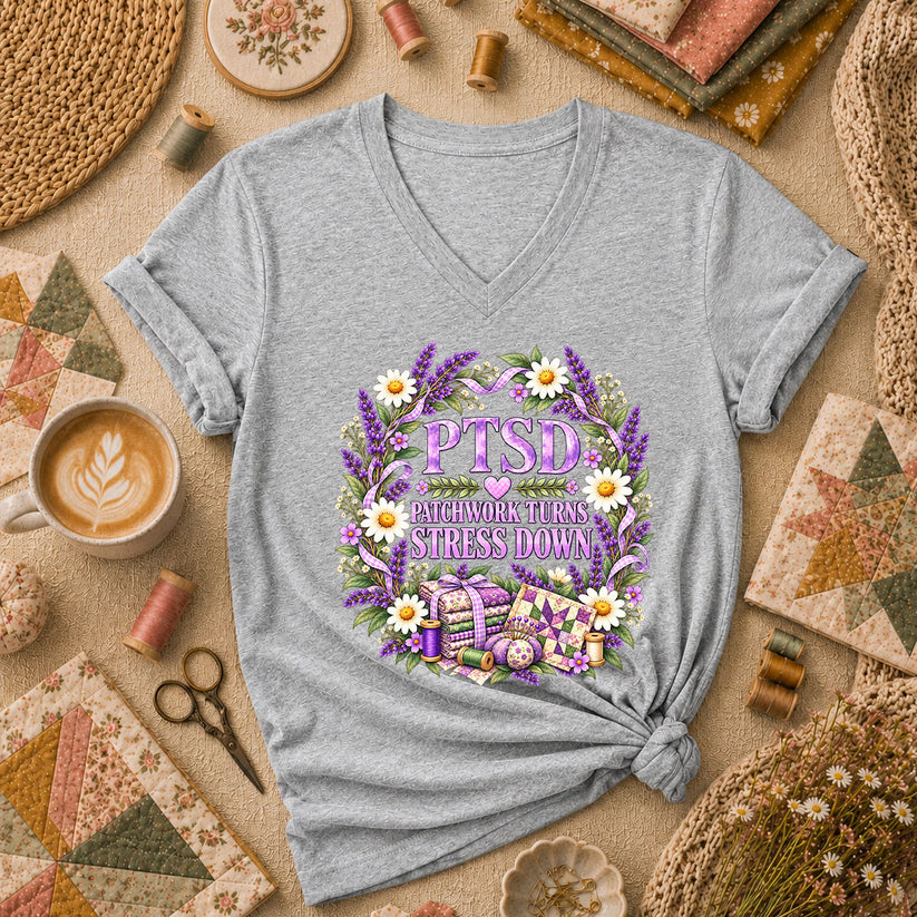 PTSD Patchwork Turns Stress Down Women's V-Neck - Athletic Heather