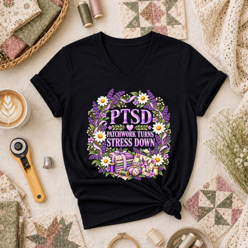 PTSD Patchwork Turns Stress Down Women's V-Neck - Black