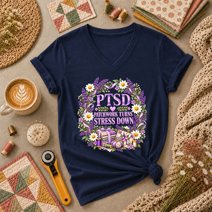 PTSD Patchwork Turns Stress Down Women's V-Neck - Navy