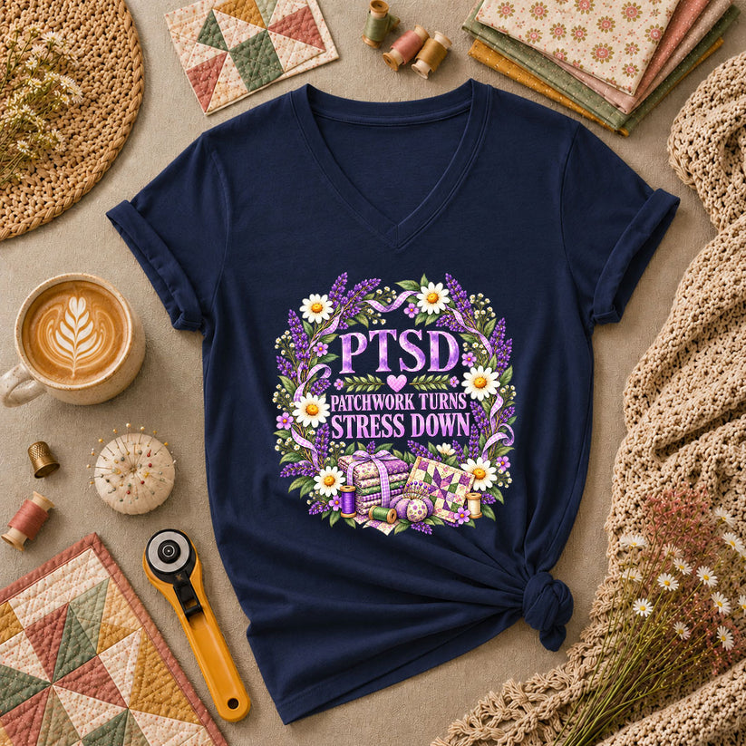 PTSD Patchwork Turns Stress Down Women's V-Neck - Navy