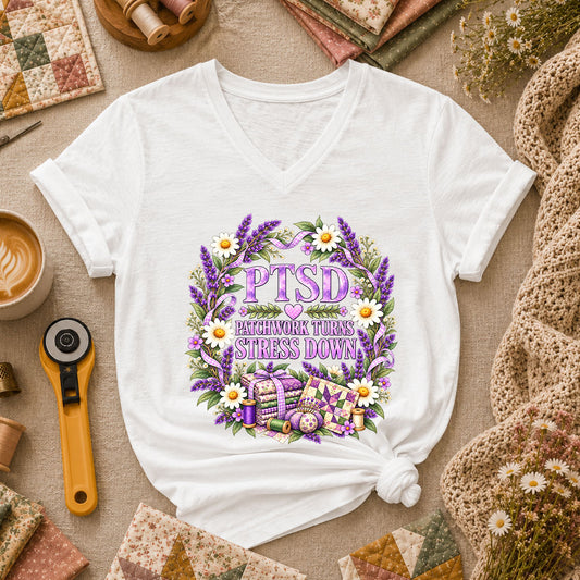 PTSD Patchwork Turns Stress Down Women's V-Neck - White