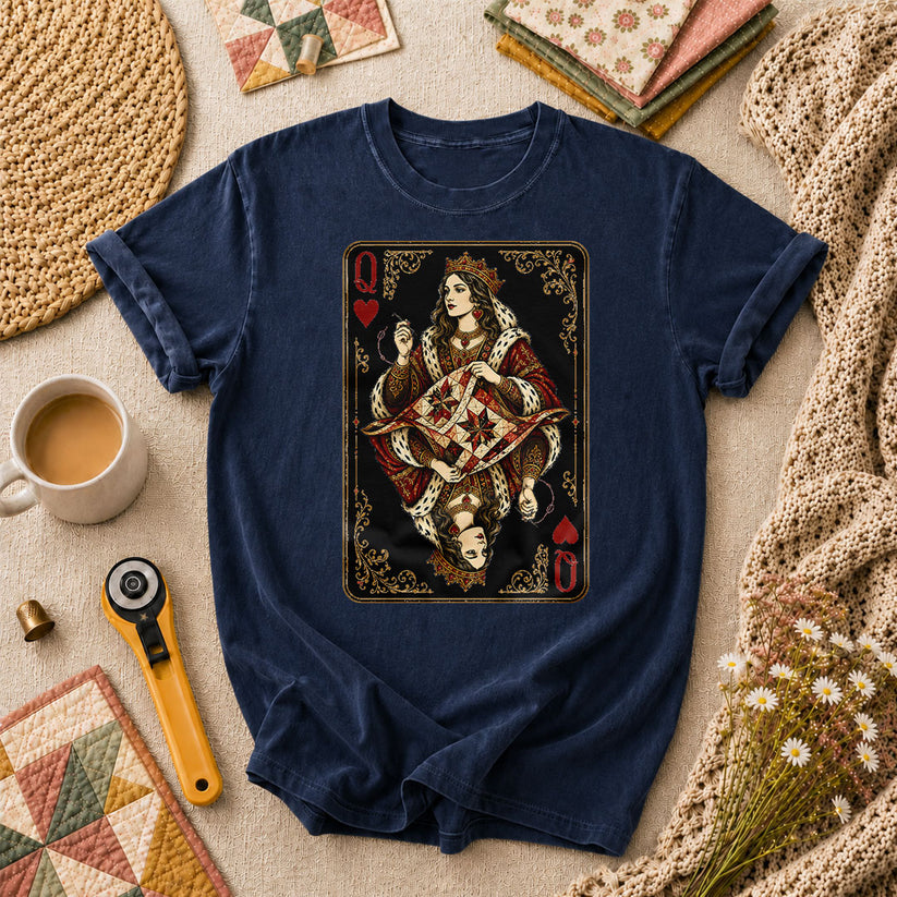 Queen Of Hearts Quilter Playing Card Vintage T-Shirt - Navy