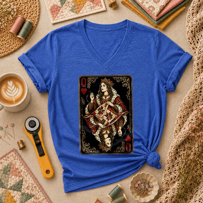 Queen Of Hearts Quilter Playing Card Vintage Women's V-Neck - Heather True Royal
