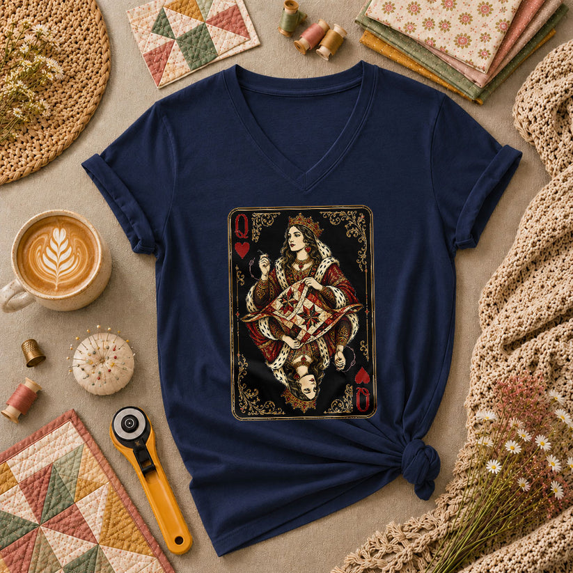 Queen Of Hearts Quilter Playing Card Vintage Women's V-Neck - Navy