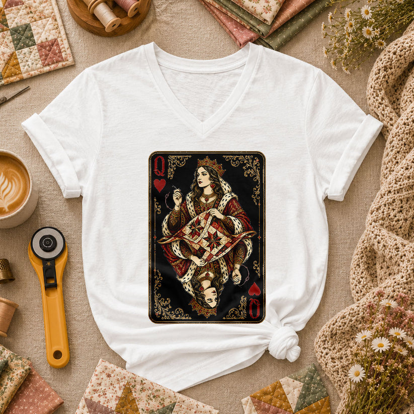 Queen Of Hearts Quilter Playing Card Vintage Women's V-Neck - White