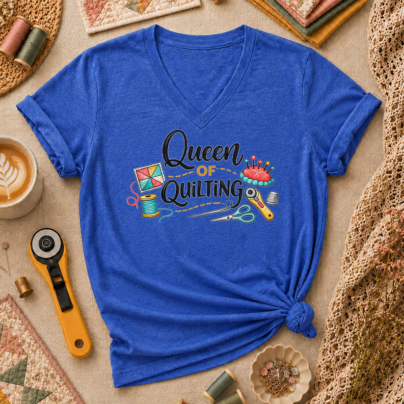 Queen Of Quilting Crown Women's V-Neck - Heather True Royal