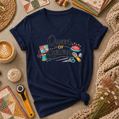 Queen Of Quilting Crown Women's V-Neck - Navy