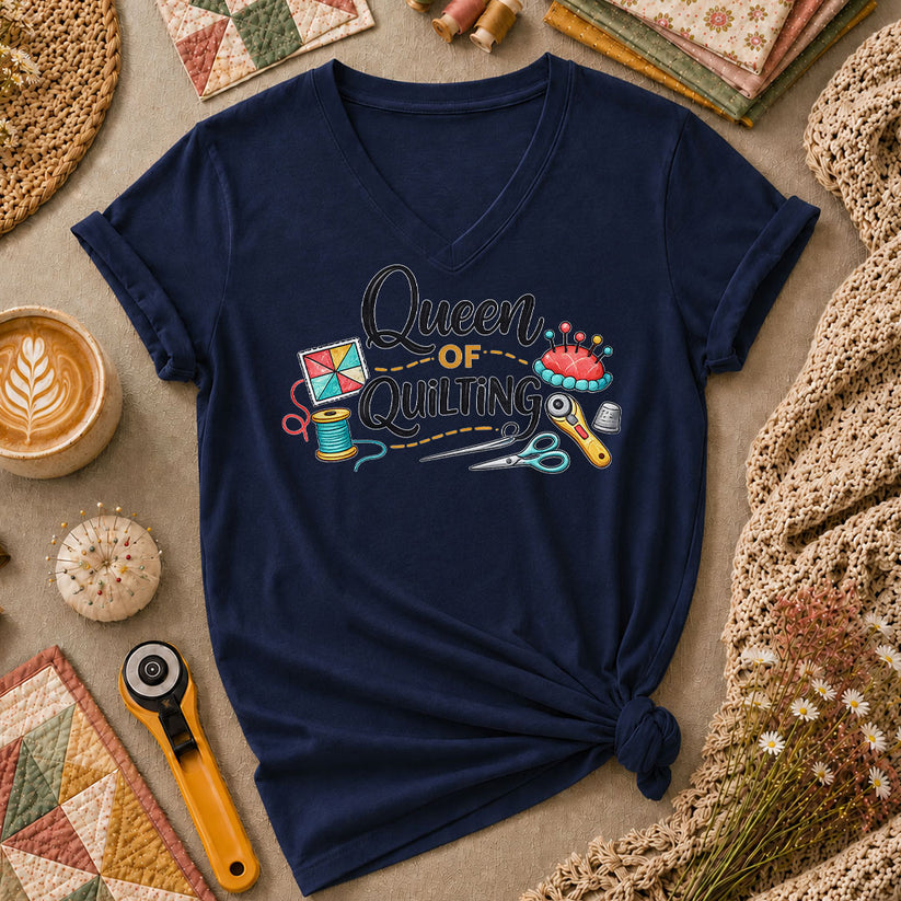 Queen Of Quilting Crown Women's V-Neck - Navy