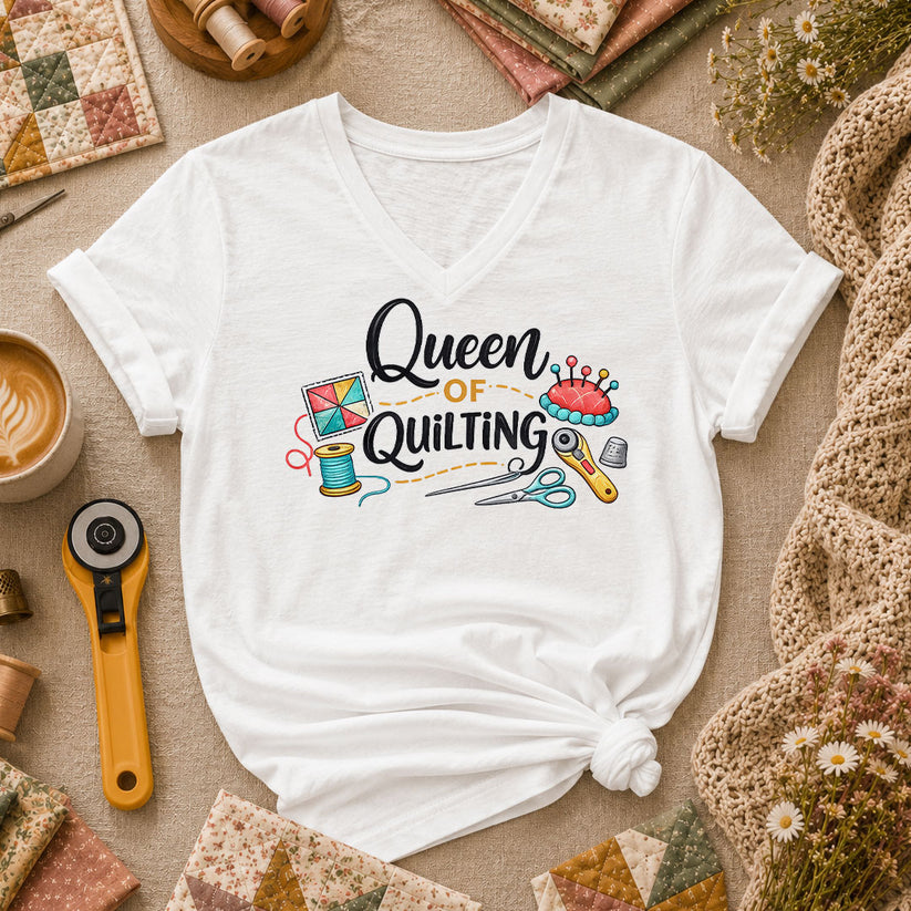 Queen Of Quilting Crown Women's V-Neck - White