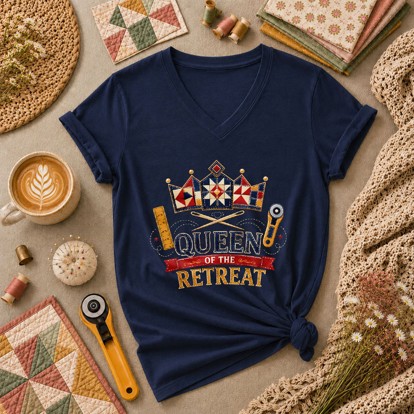 Queen Of The Retreat Quilter Women's V-Neck - Navy
