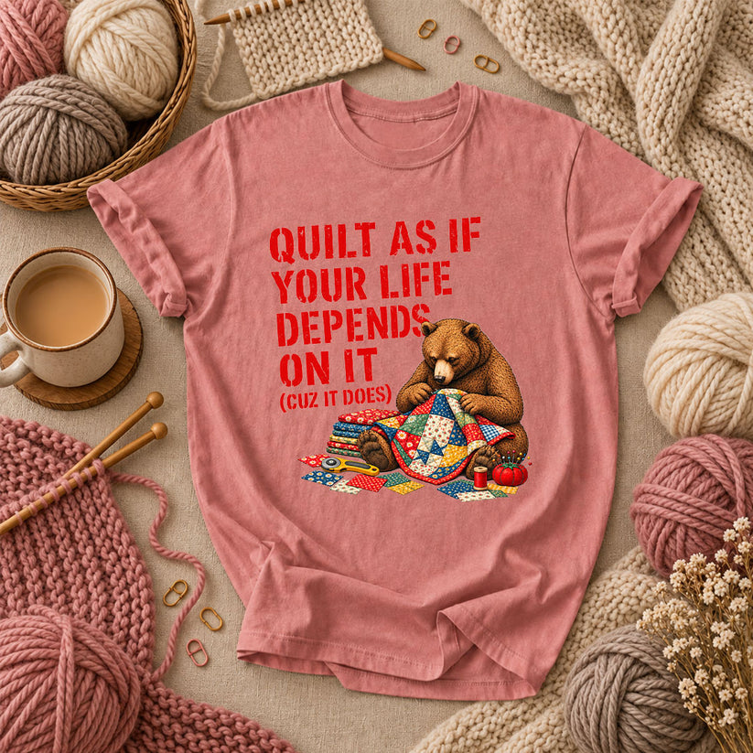 Quilt As If Your Life Depends On It Bear T-Shirt - Heather Mauve