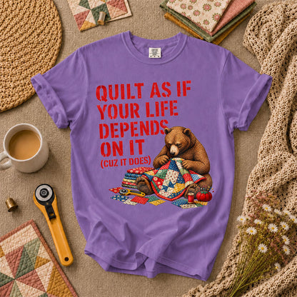 Quilt As If Your Life Depends On It Bear T-Shirt - Heather Team Purple