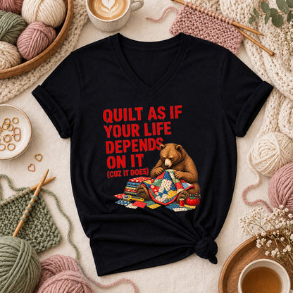 Quilt As If Your Life Depends On It Bear Women's V-Neck - Black