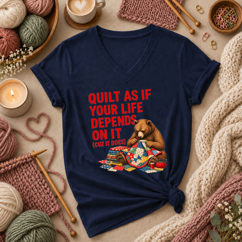 Quilt As If Your Life Depends On It Bear Women's V-Neck - Navy