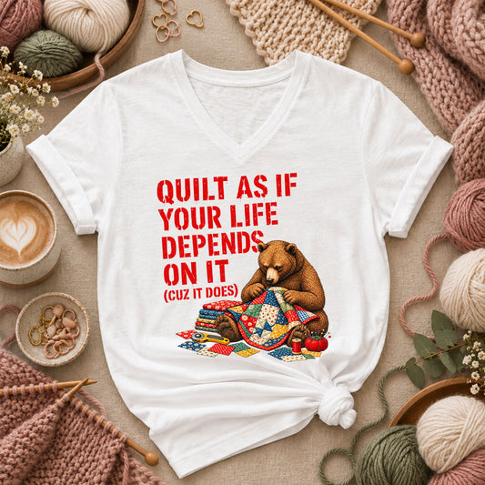 Quilt As If Your Life Depends On It Bear Women's V-Neck - White