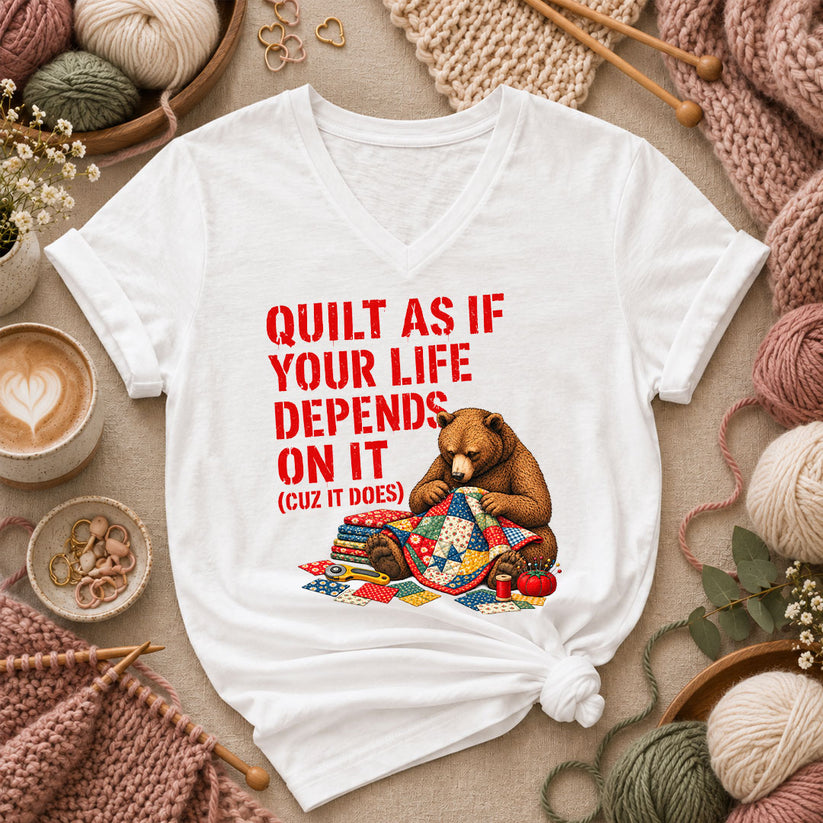 Quilt As If Your Life Depends On It Bear Women's V-Neck - White