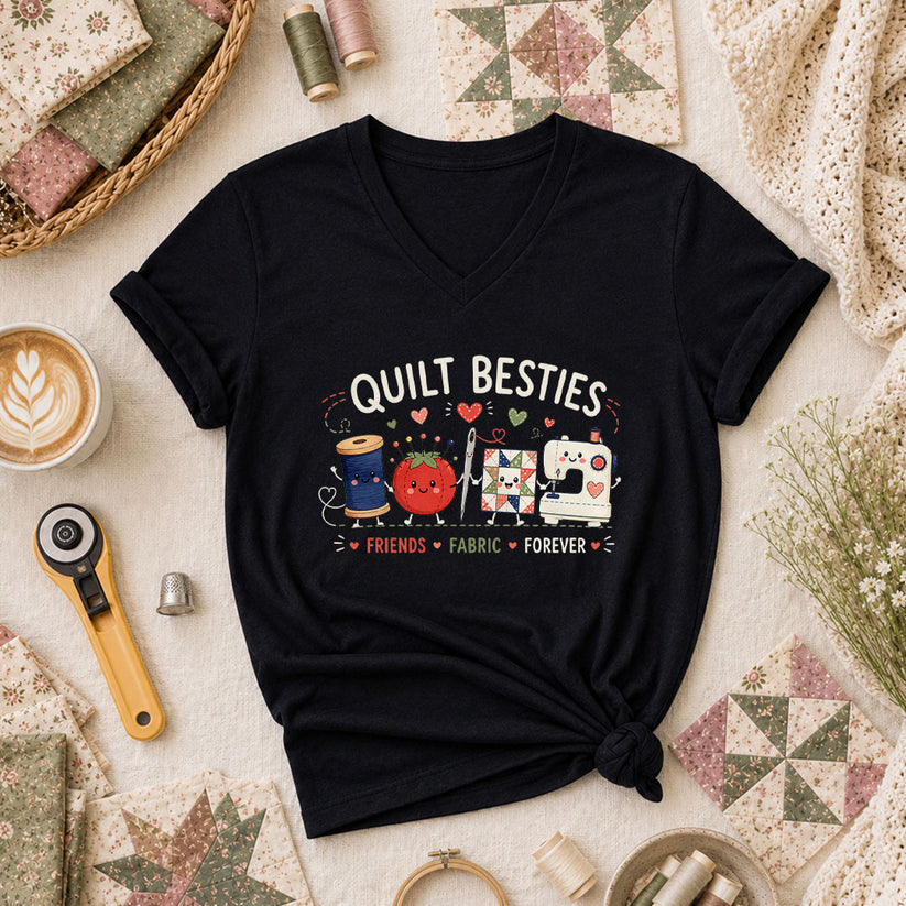 Quilt Besties Friends Fabric Forever Women's V-Neck - Black
