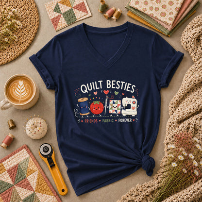 Quilt Besties Friends Fabric Forever Women's V-Neck - Navy