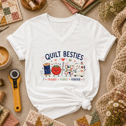 Quilt Besties Friends Fabric Forever Women's V-Neck - White
