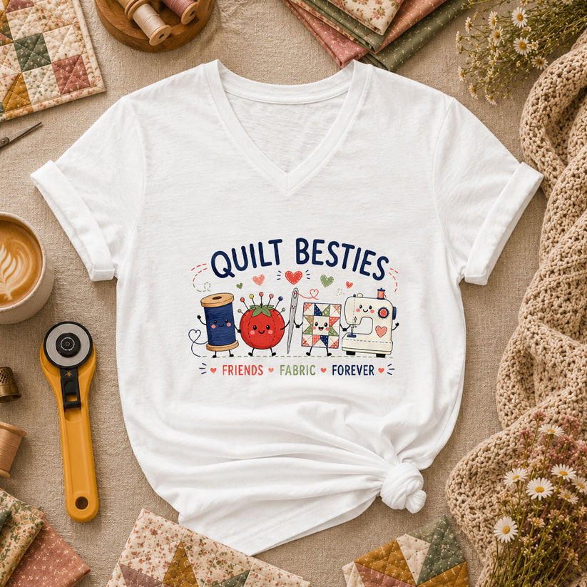 Quilt Besties Friends Fabric Forever Women's V-Neck - White