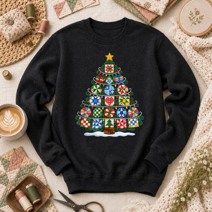 Quilt Block Christmas Tree With Star Topper Long Sleeve - Black