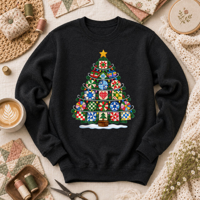 Quilt Block Christmas Tree With Star Topper Long Sleeve - Black