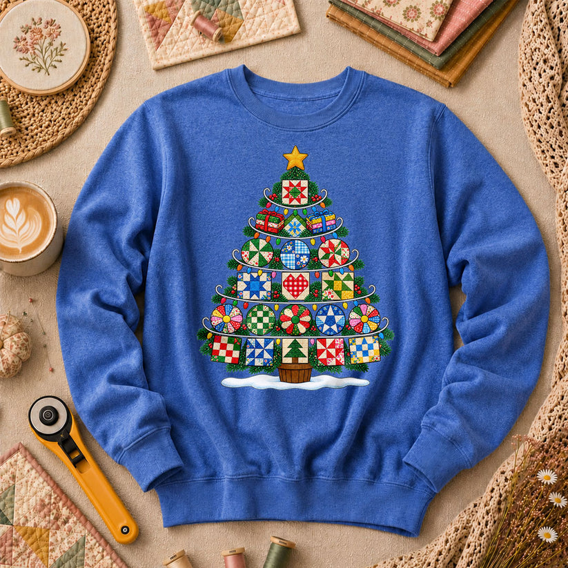 Quilt Block Christmas Tree With Star Topper Long Sleeve - Heather True Royal
