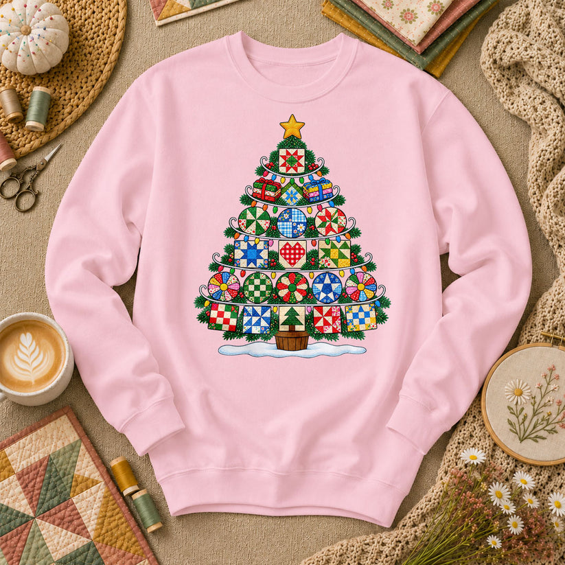 Quilt Block Christmas Tree With Star Topper Long Sleeve - Light Pink