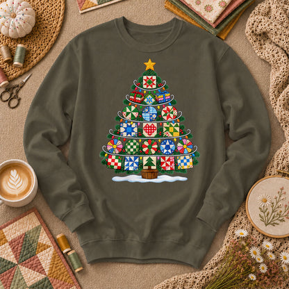Quilt Block Christmas Tree With Star Topper Long Sleeve - Military Green
