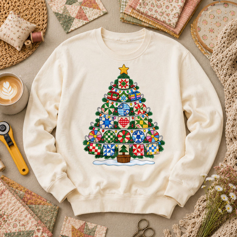 Quilt Block Christmas Tree With Star Topper Long Sleeve - Natural