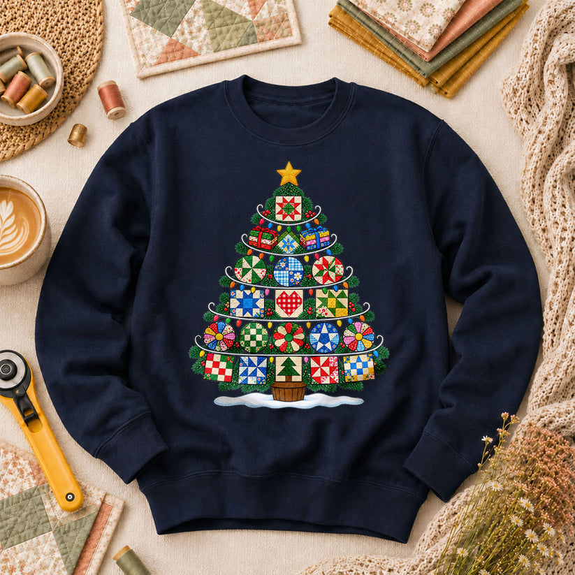 Quilt Block Christmas Tree With Star Topper Long Sleeve - Navy