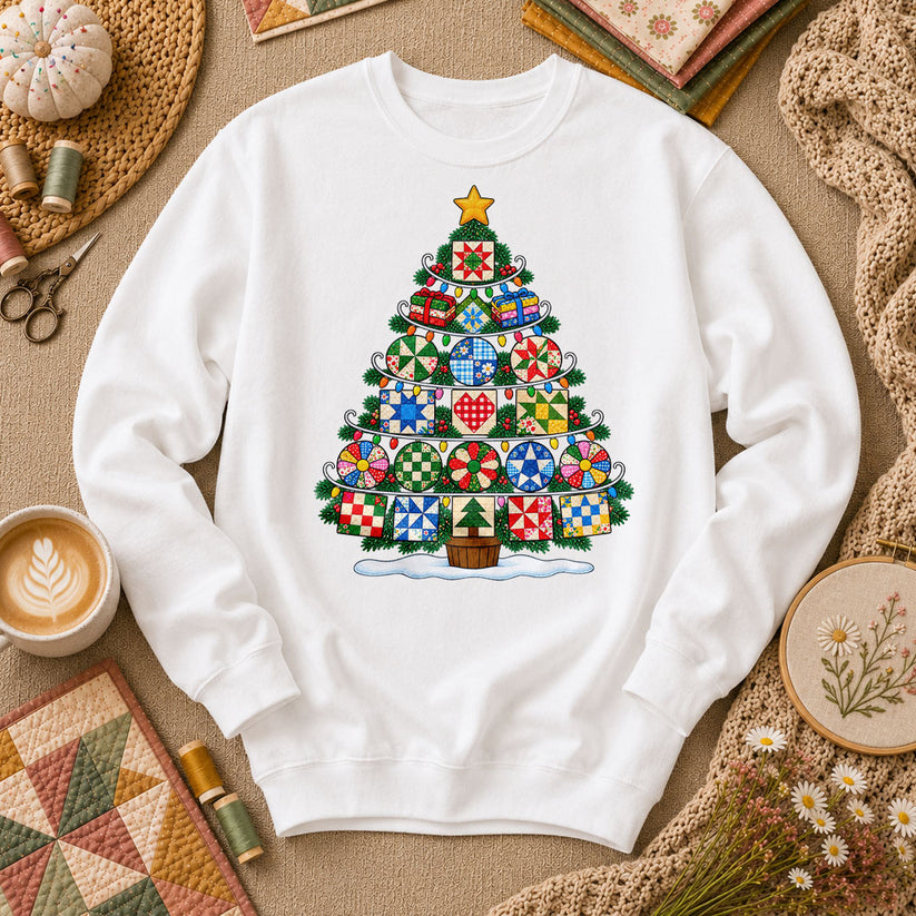 Quilt Block Christmas Tree With Star Topper Long Sleeve - White