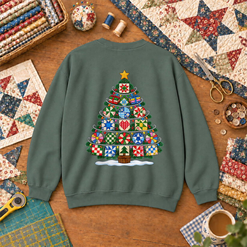 Quilt Block Christmas Tree With Star Topper Sweatshirt - Forest Green