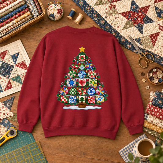 Quilt Block Christmas Tree With Star Topper Sweatshirt - Garnet