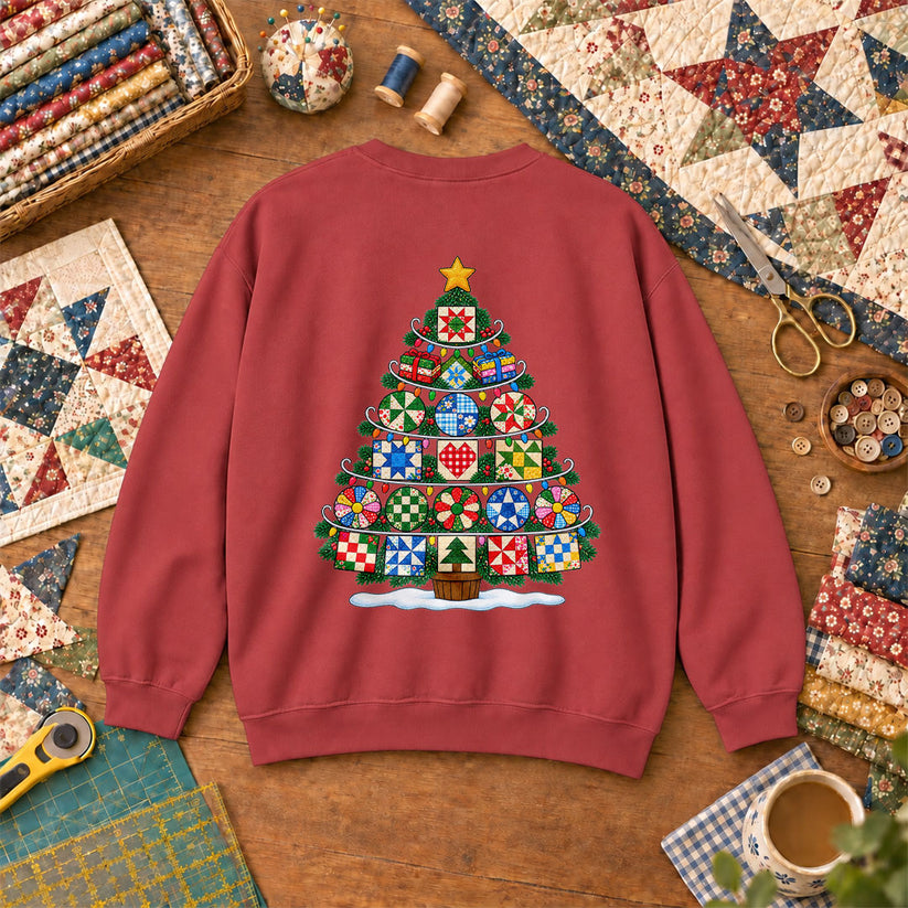 Quilt Block Christmas Tree With Star Topper Sweatshirt - Heather Red