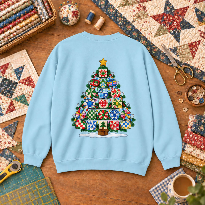 Quilt Block Christmas Tree With Star Topper Sweatshirt - Light Blue