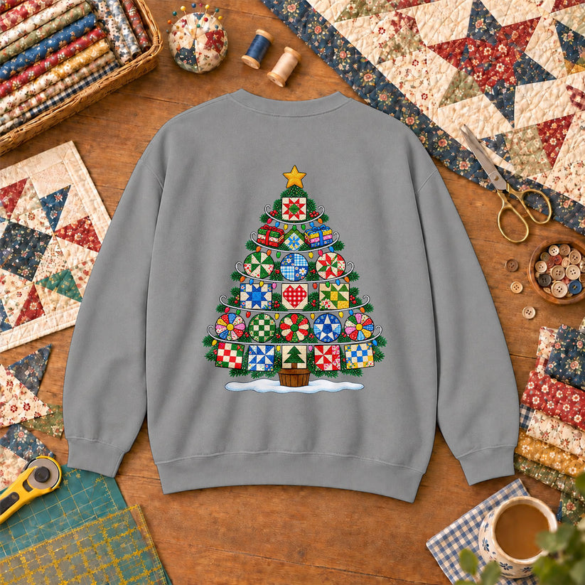 Quilt Block Christmas Tree With Star Topper Sweatshirt - Sport Grey