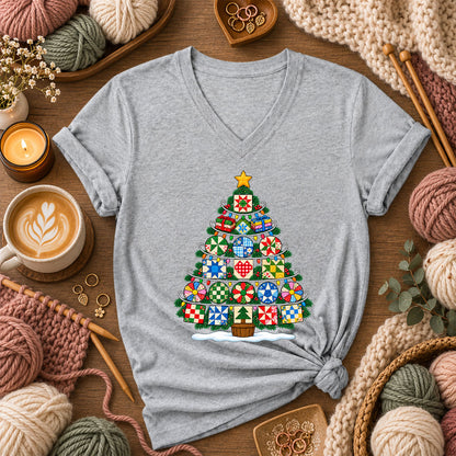 Quilt Block Christmas Tree With Star Topper Women's V-Neck - Athletic Heather