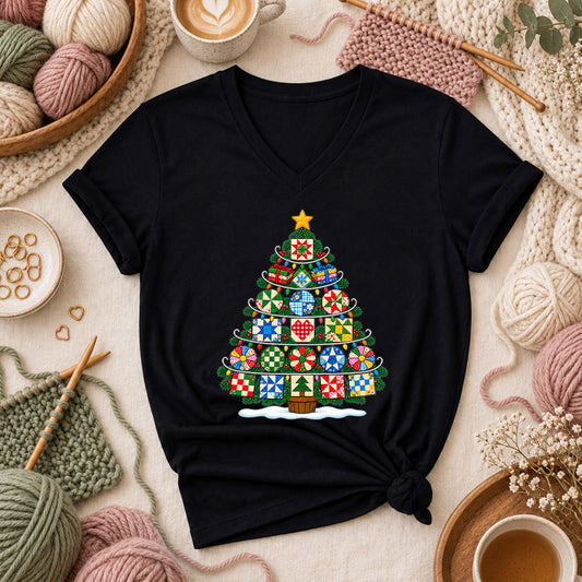 Quilt Block Christmas Tree With Star Topper Women's V-Neck - Black